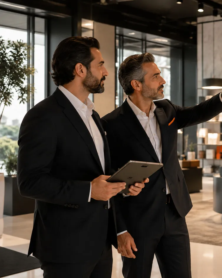 Two advisers reading a commercial space together, one directing attention across the floor.