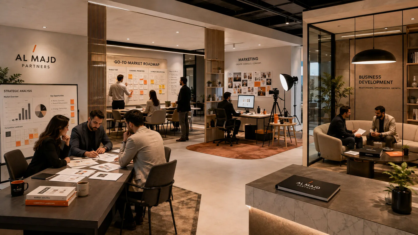 All four disciplines at work on one floor — the breadth a commercial engagement draws on.